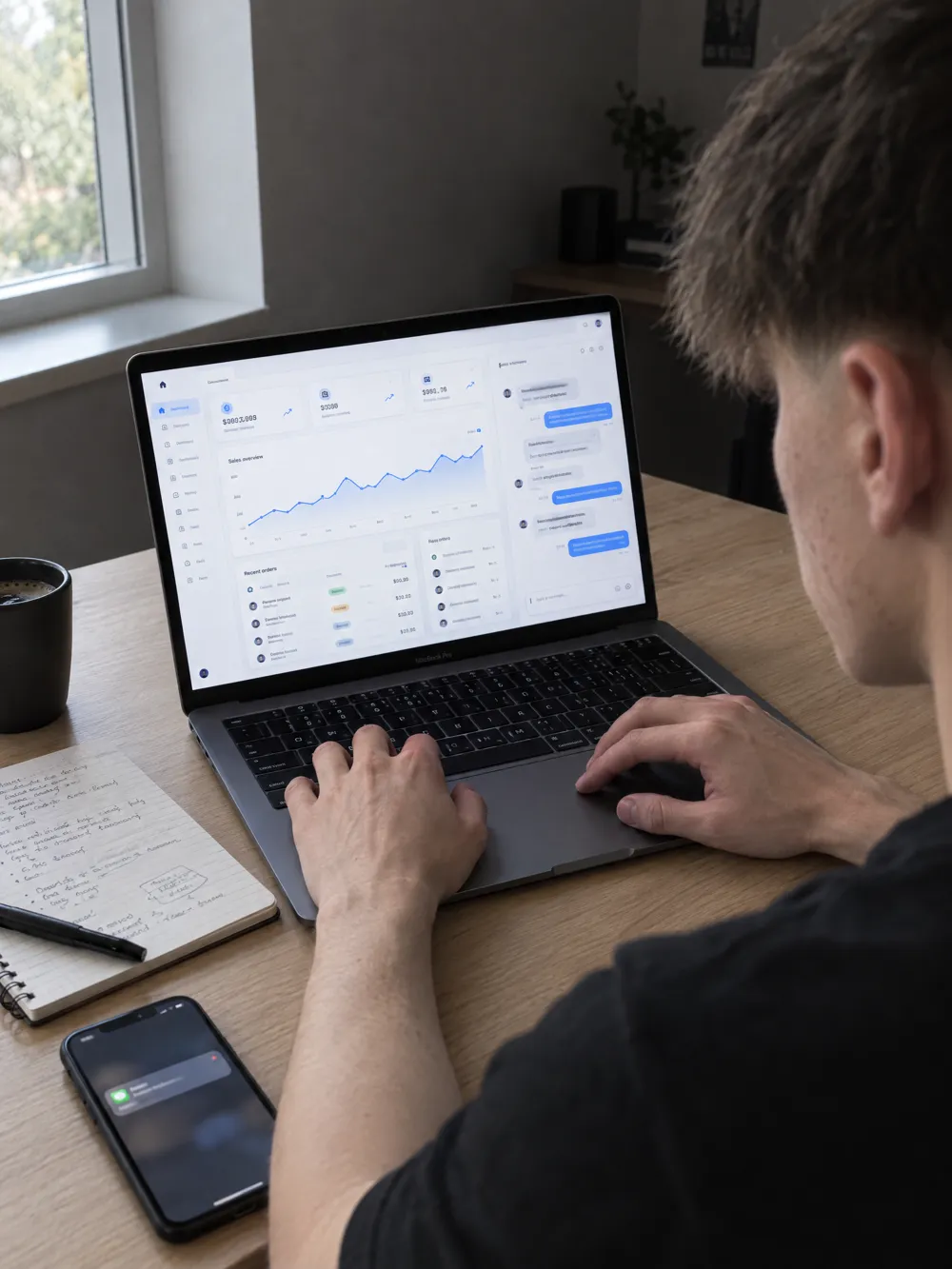 Sistema de gestión con ventas, pedidos y chat automático en una MacBook