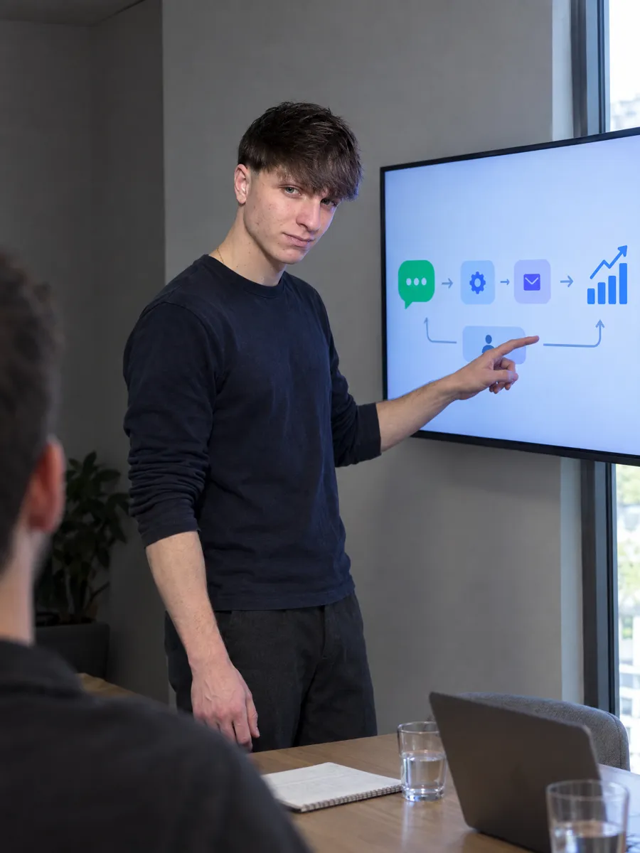 Matías explicándole a un cliente un flujo de automatización en una pantalla